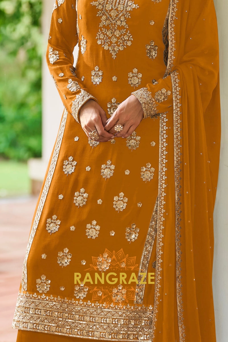 Mustard Premium Chinon Designer Suit Set