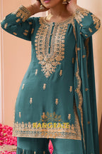 Teal Premium Chinon Designer Embroidered Suit Set