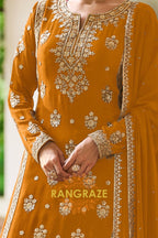 Mustard Premium Chinon Designer Suit Set