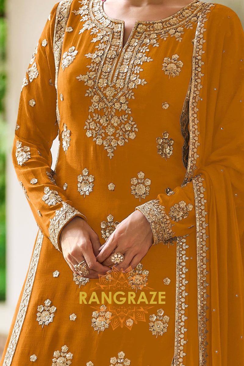 Mustard Premium Chinon Designer Suit Set