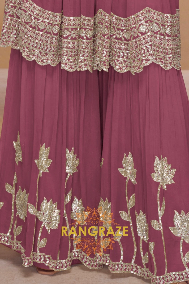 Rose Pink Premium Chinon Designer Anarkali Set Suit Set