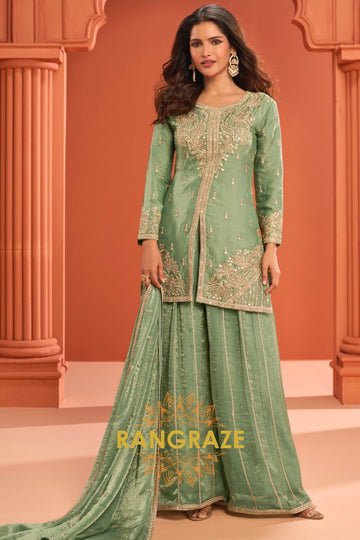 Sage Green Silk Designer Embroidered Suit Set