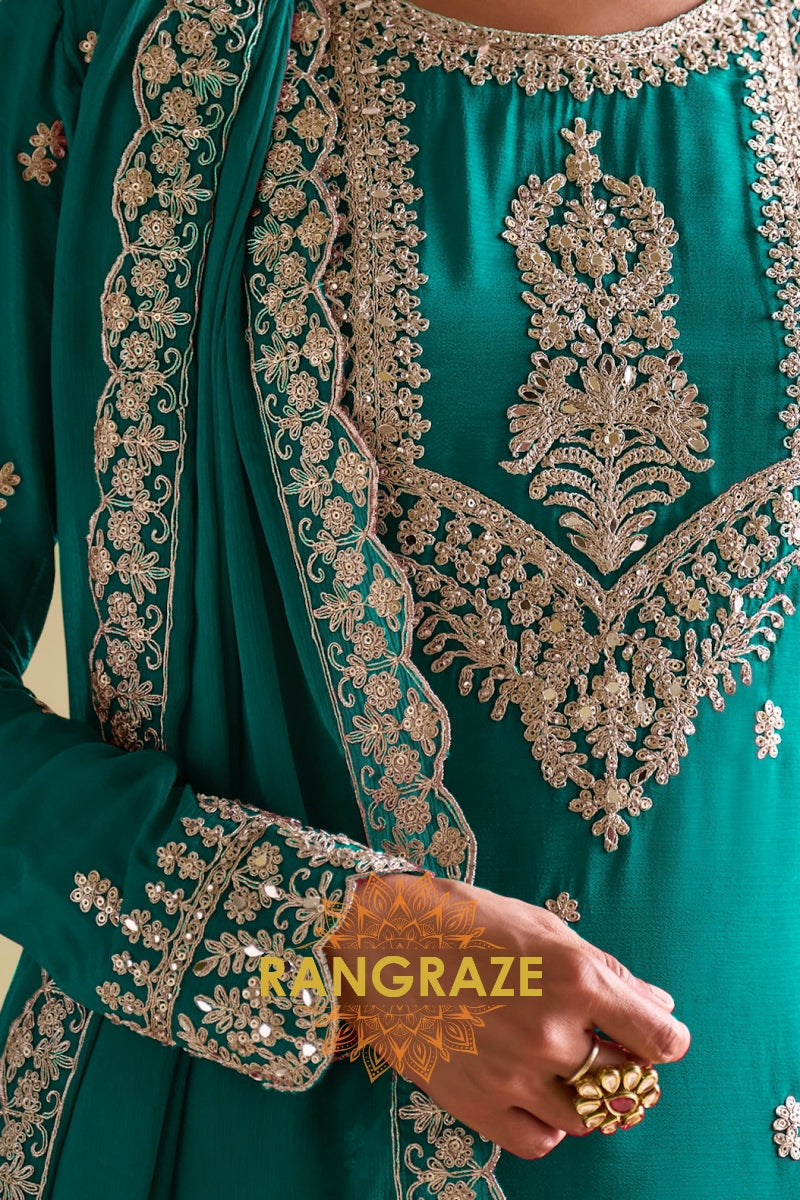 Emerald Green Designer Embroidered Pure Chinon Suit Set