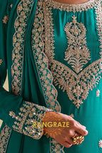 Emerald Green Designer Embroidered Pure Chinon Suit Set