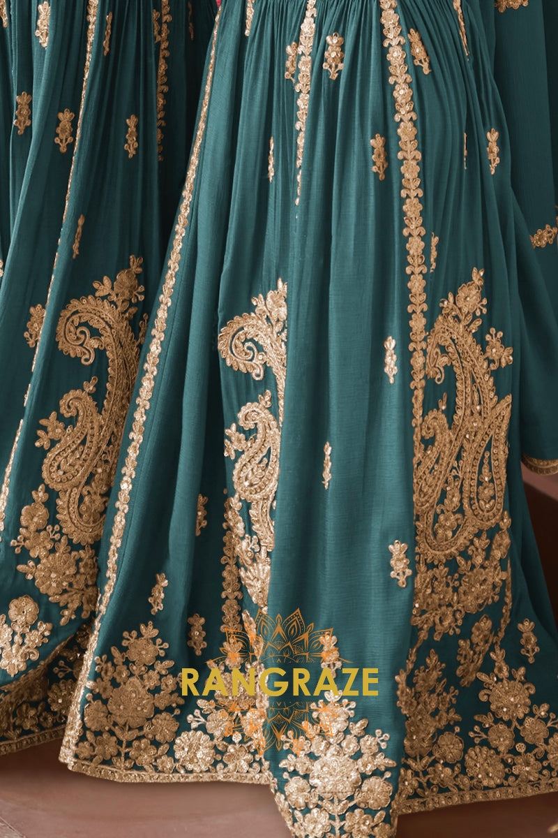 Teal Premium Chinon Designer Embroidered Suit Set