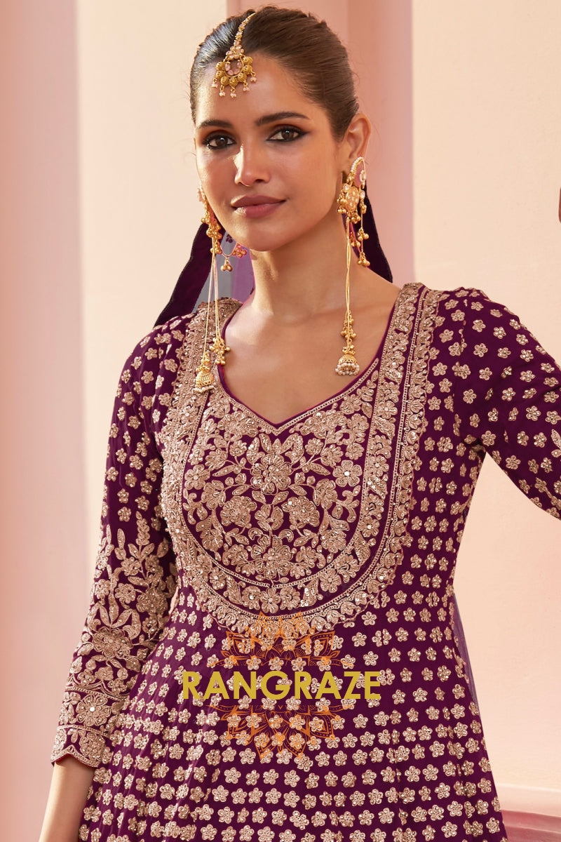 Plum Premium Georgette Designer Anarkali Lehenga Suit Set