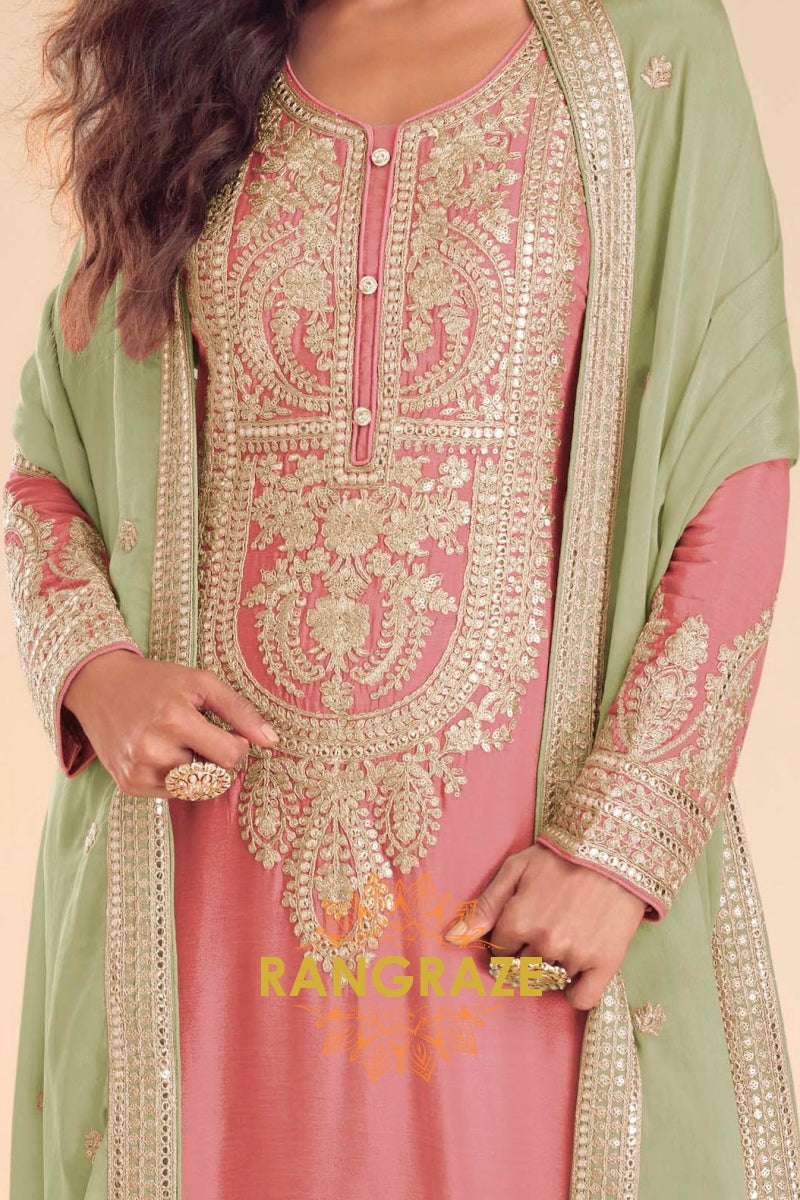 Peach Premium Chinon Designer Suit Set