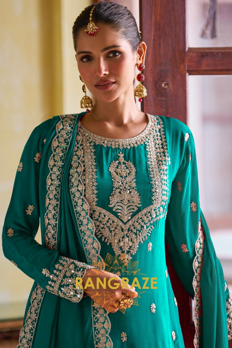 Emerald Green Designer Embroidered Pure Chinon Suit Set