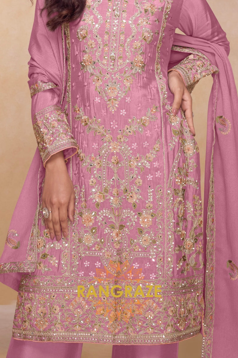 Rose Pink Premium Chinon Designer Suit Set