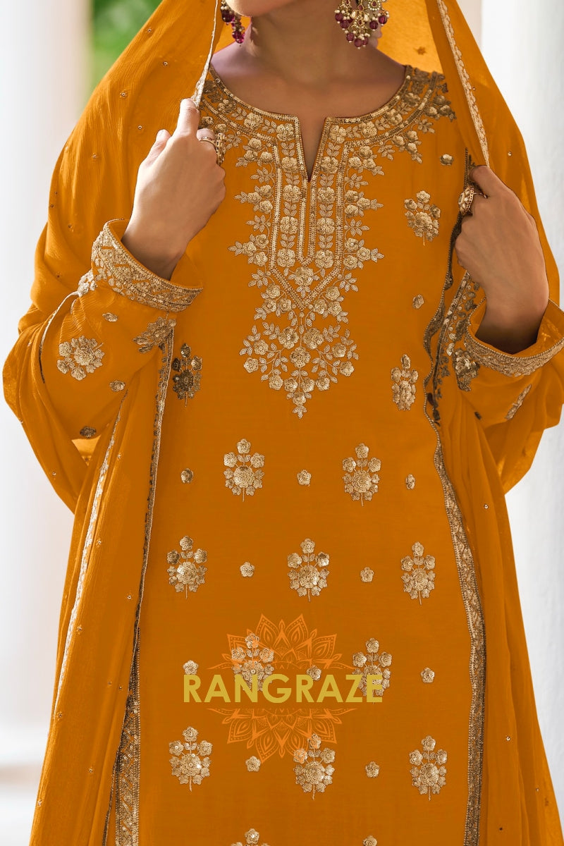 Mustard Premium Chinon Designer Suit Set