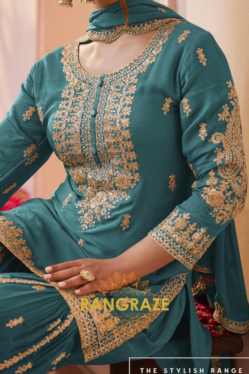 Teal Premium Chinon Designer Embroidered Suit Set