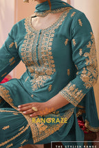 Teal Premium Chinon Designer Embroidered Suit Set
