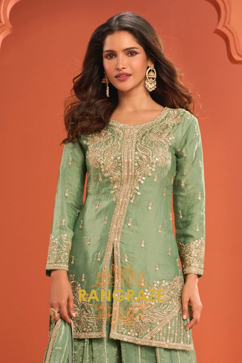 Sage Green Silk Designer Embroidered Suit Set