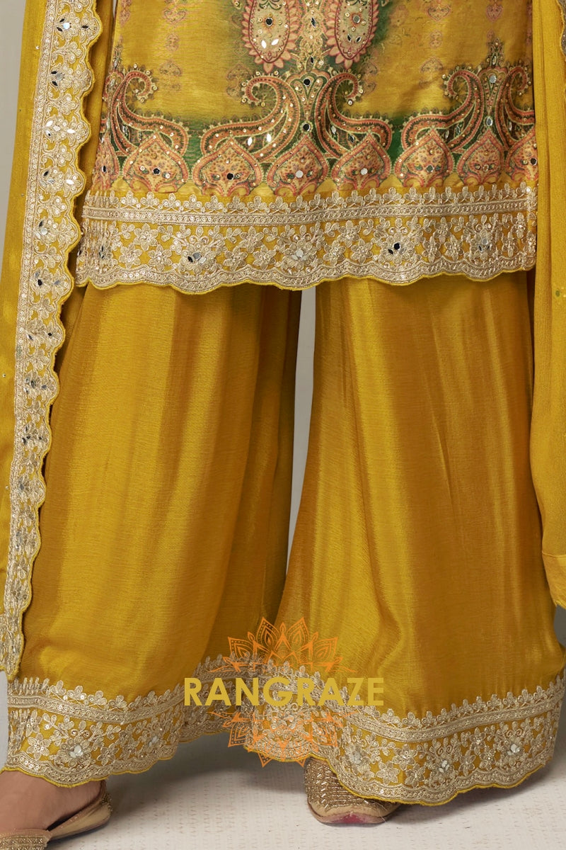 Mustard Premium Chinon Designer Suit Set