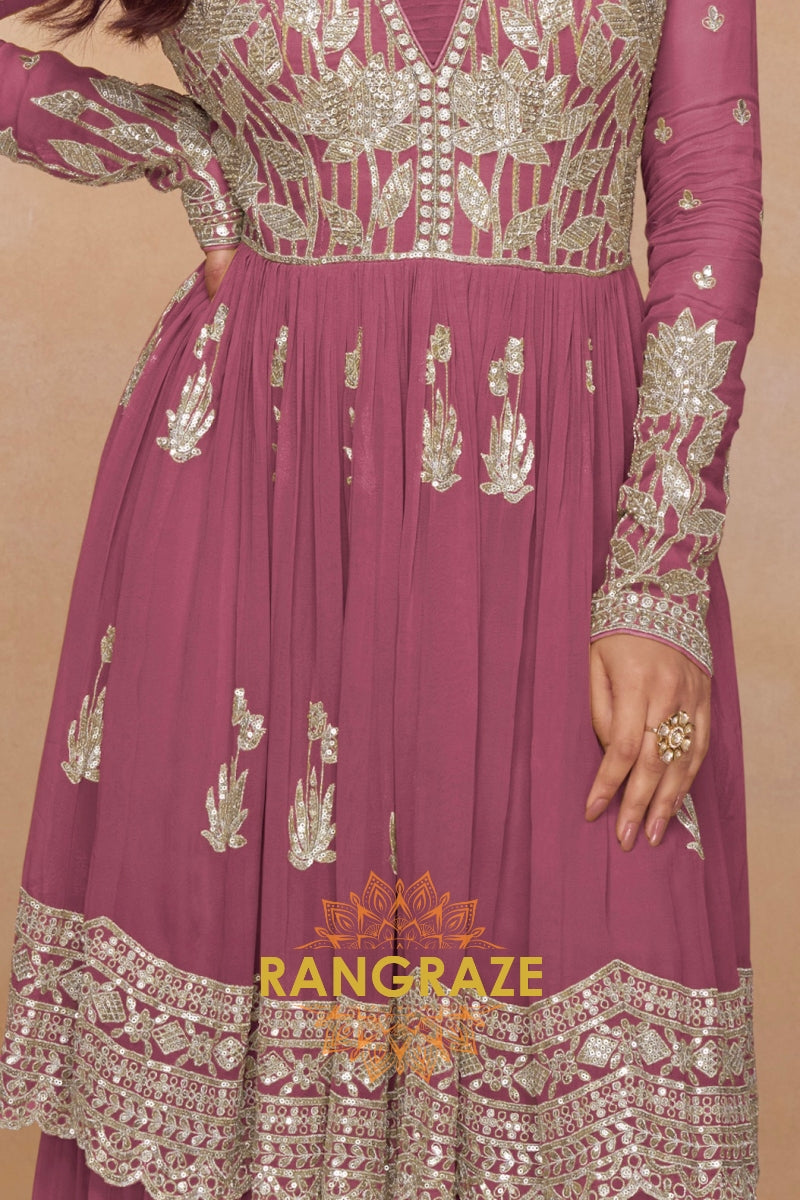 Rose Pink Premium Chinon Designer Anarkali Set Suit Set