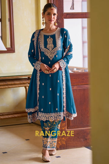 Royal Blue Designer Embroidered Pure Chinon Suit Set