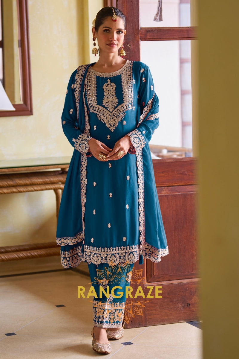 Royal Blue Designer Embroidered Pure Chinon Suit Set