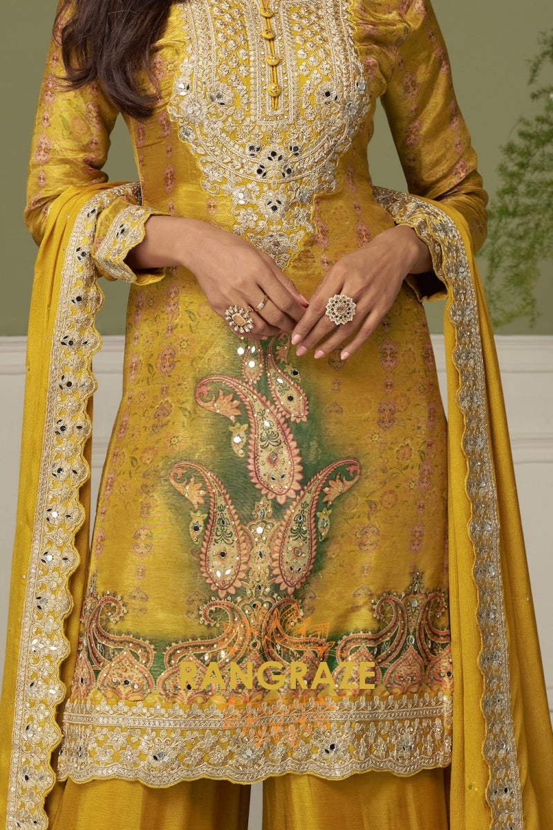 Mustard Premium Chinon Designer Suit Set