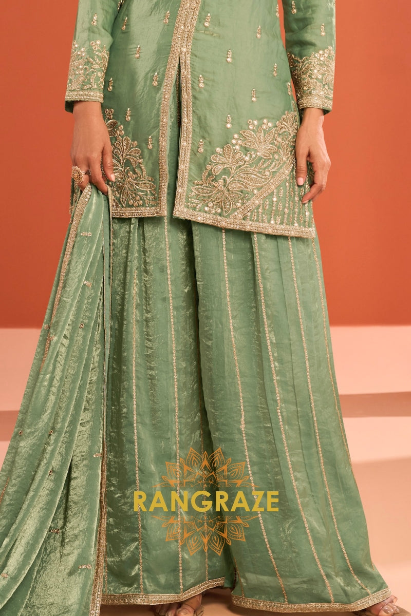 Sage Green Silk Designer Embroidered Suit Set