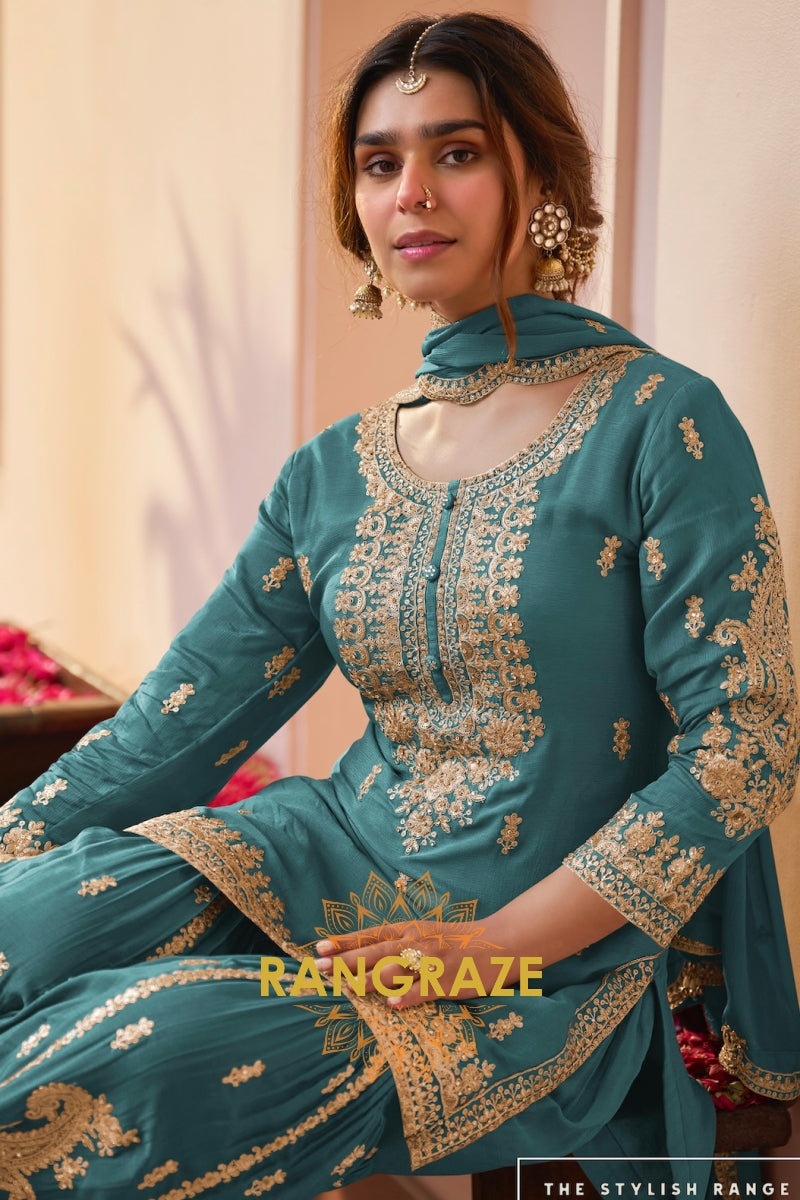 Teal Premium Chinon Designer Embroidered Suit Set