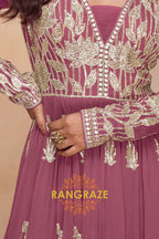 Rose Pink Premium Chinon Designer Anarkali Set Suit Set