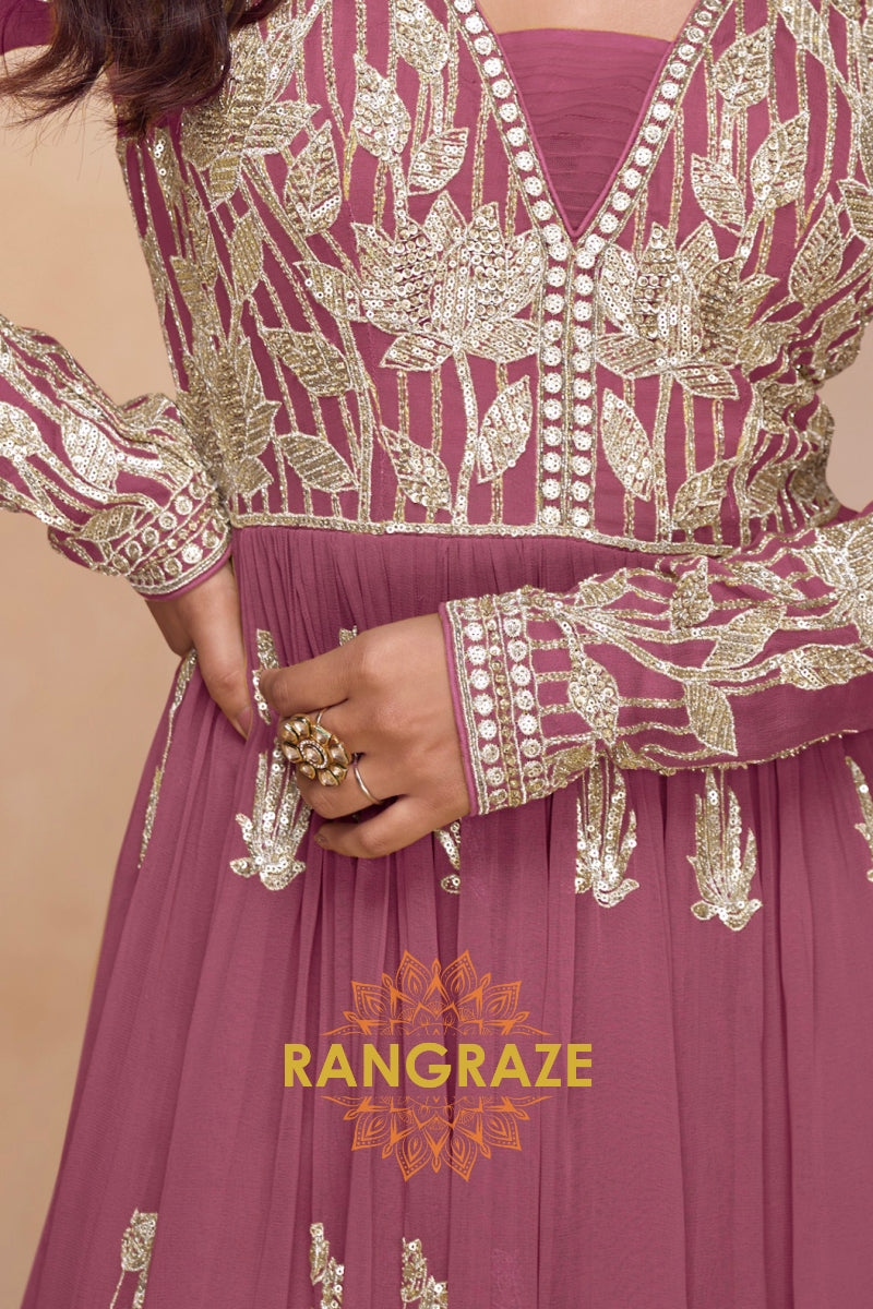 Rose Pink Premium Chinon Designer Anarkali Set Suit Set