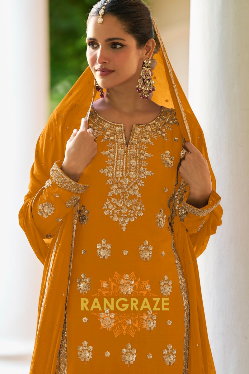 Mustard Premium Chinon Designer Suit Set