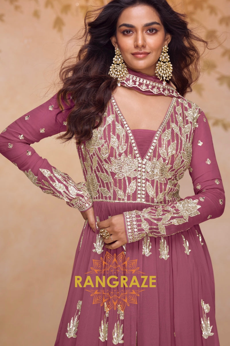 Rose Pink Premium Chinon Designer Anarkali Set Suit Set