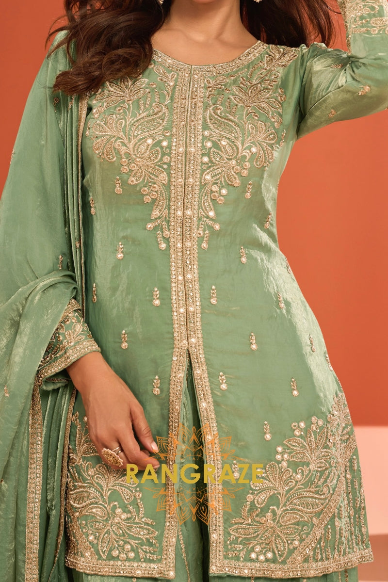 Sage Green Silk Designer Embroidered Suit Set