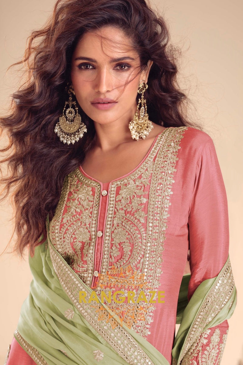 Peach Premium Chinon Designer Suit Set