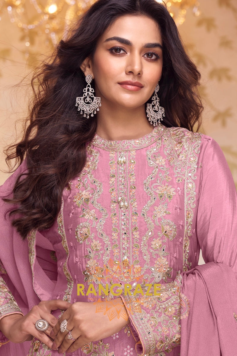 Rose Pink Premium Chinon Designer Suit Set