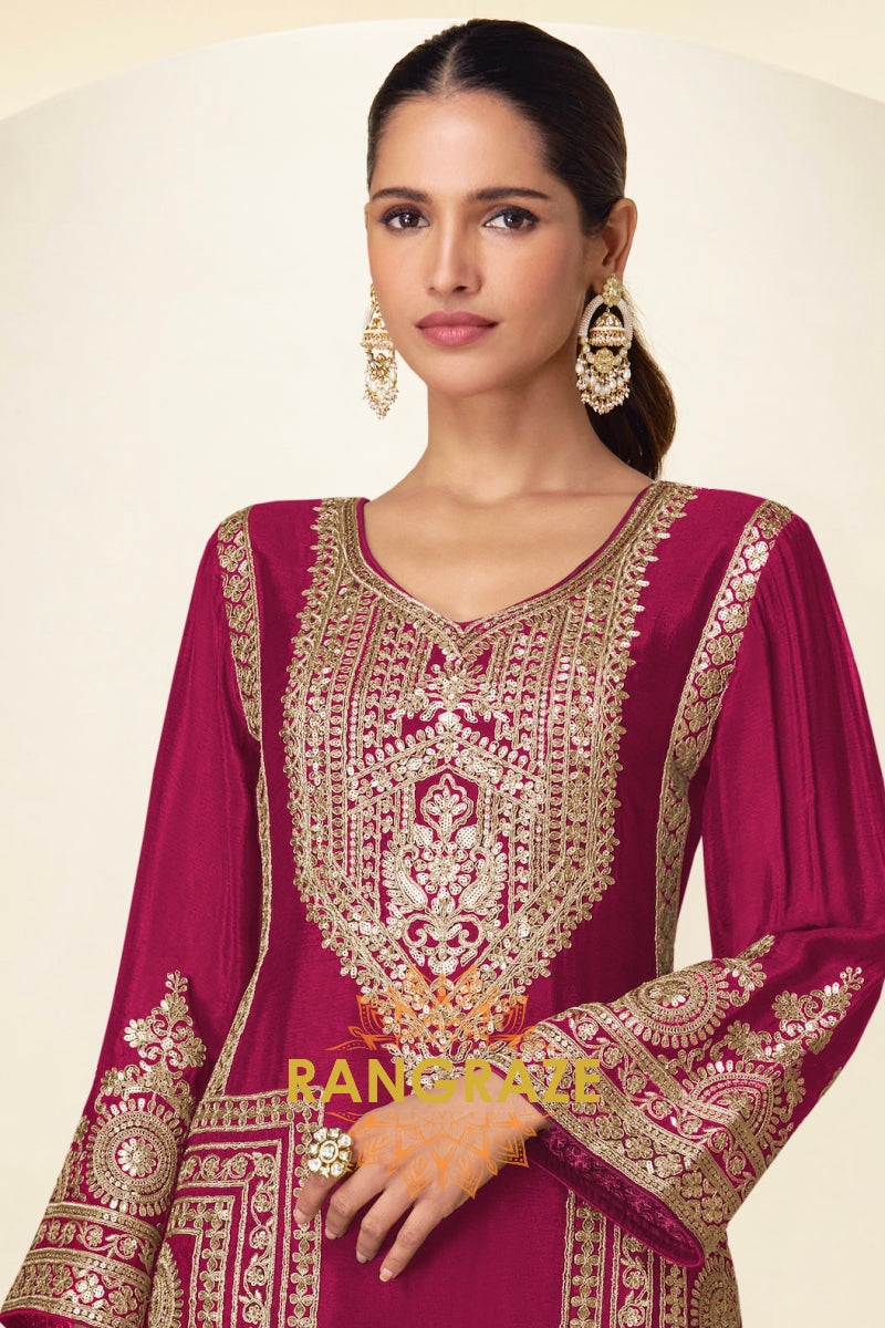 Magenta Premium Chinon Designer Suit Set