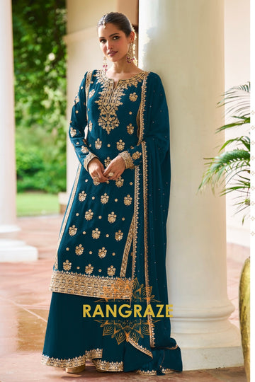 Teal Premium Chinon Designer Suit Set