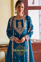 Royal Blue Designer Embroidered Pure Chinon Suit Set
