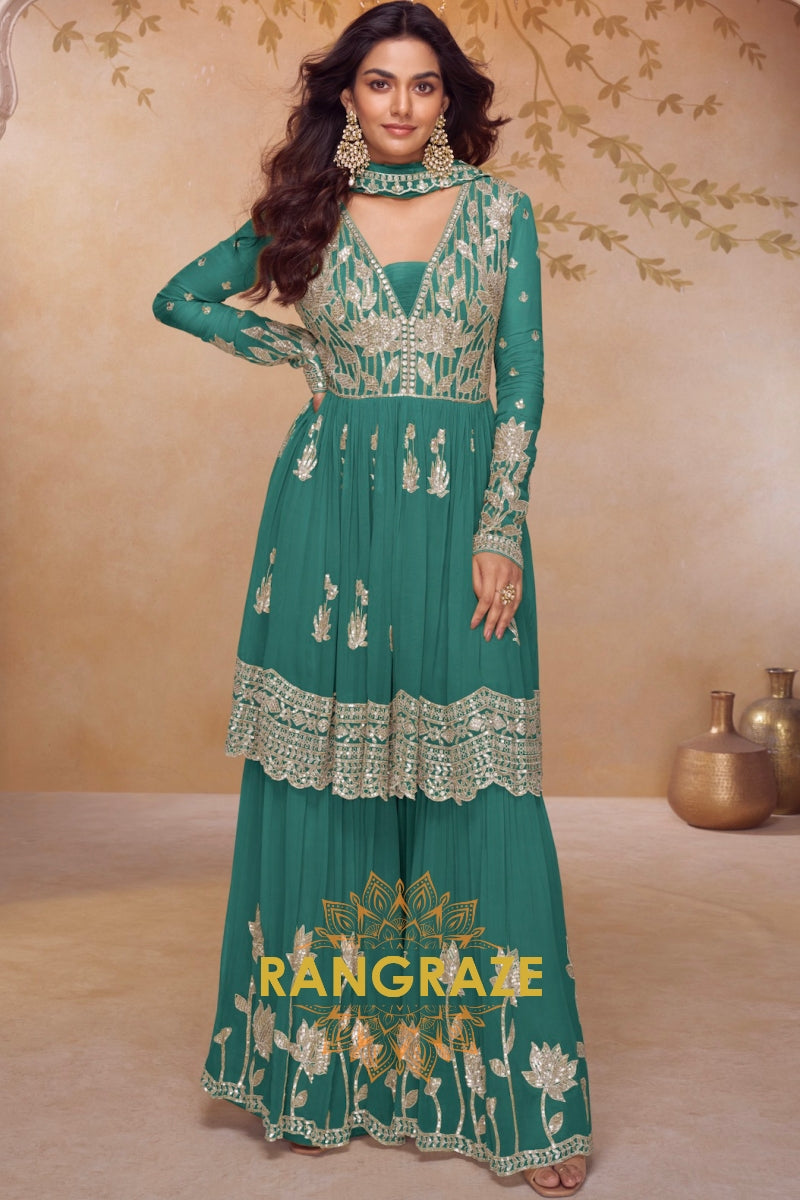 Emerald Green Premium Chinon Designer Anarkali Suit Set