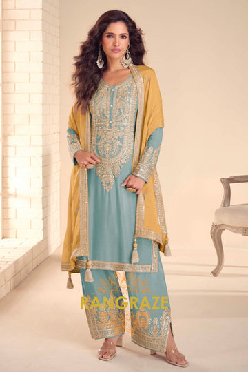 Powder Blue Premium Chinon Designer Suit Set