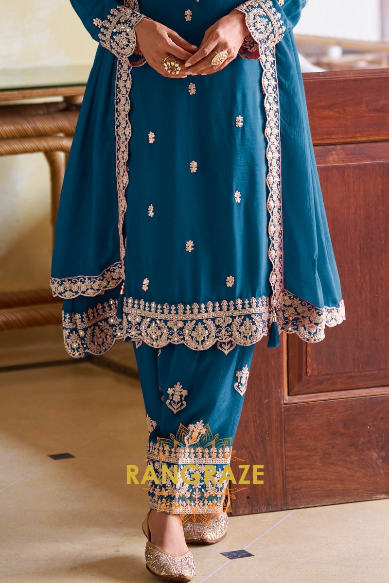 Royal Blue Designer Embroidered Pure Chinon Suit Set