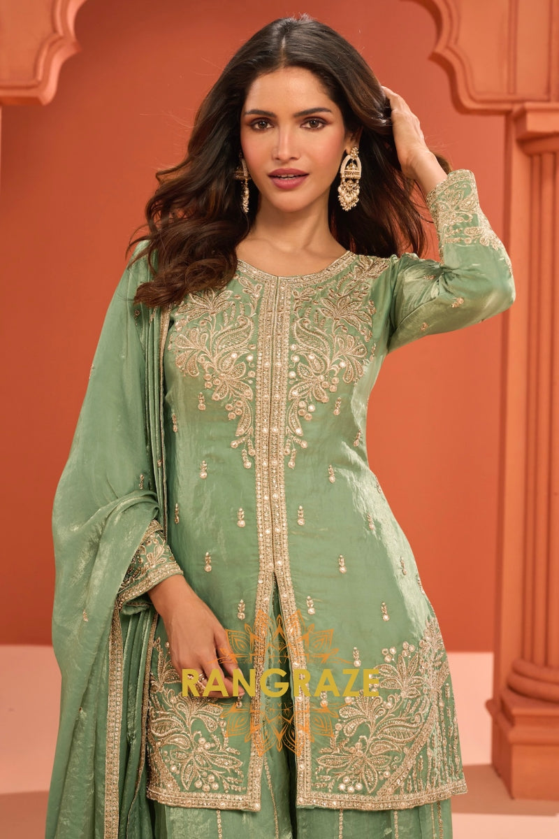 Sage Green Silk Designer Embroidered Suit Set