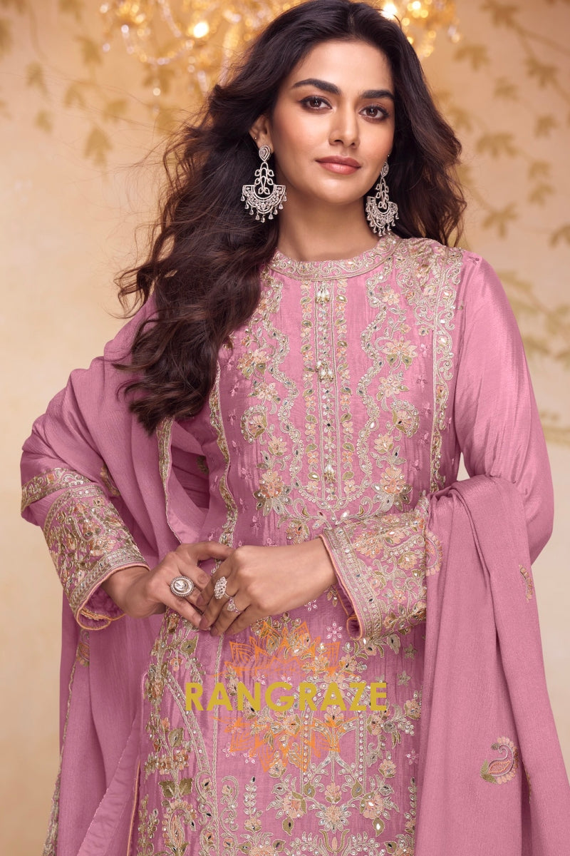 Rose Pink Premium Chinon Designer Suit Set