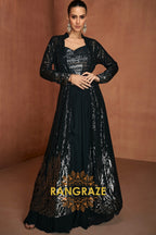 Black Premium Chinon Designer Anarkali Suit Set