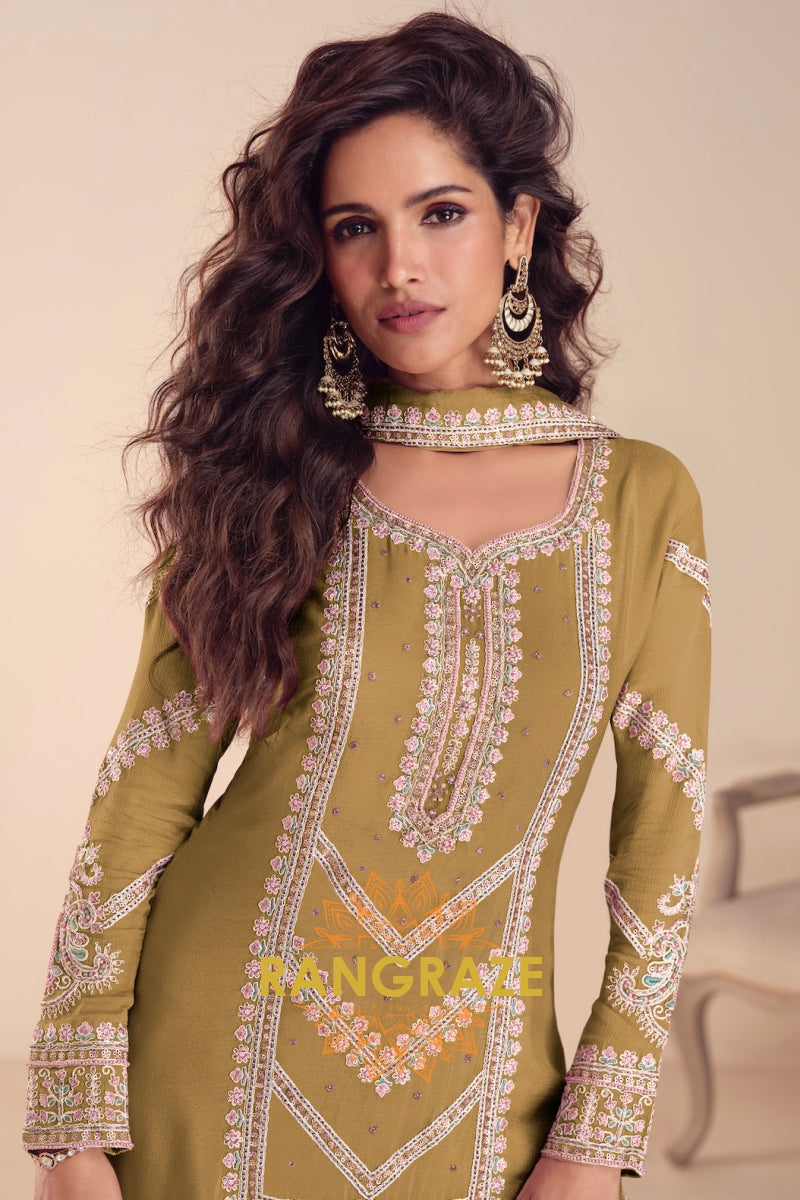 Olive Premium Chinon Designer Suit Set