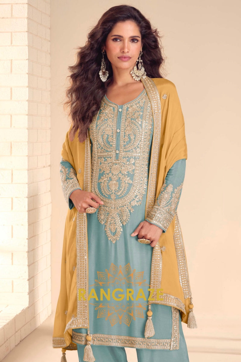 Powder Blue Premium Chinon Designer Suit Set