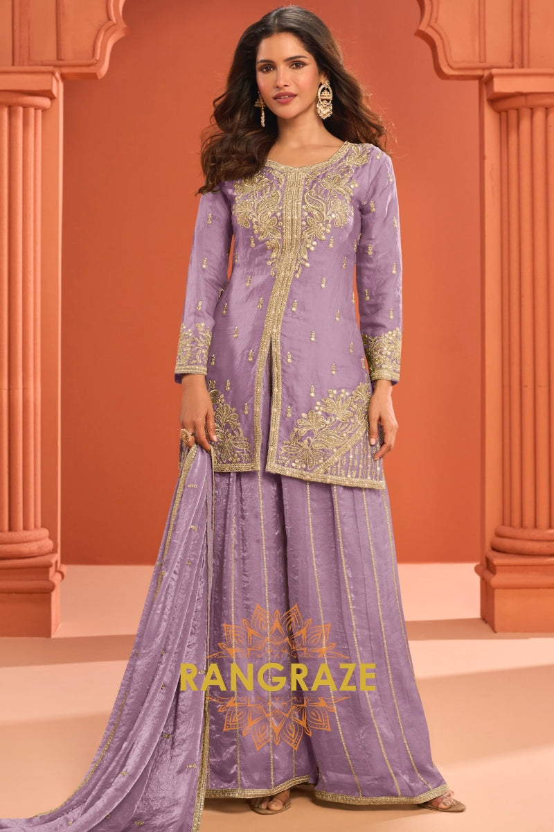 Lilac Silk Designer Embroidered Suit Set
