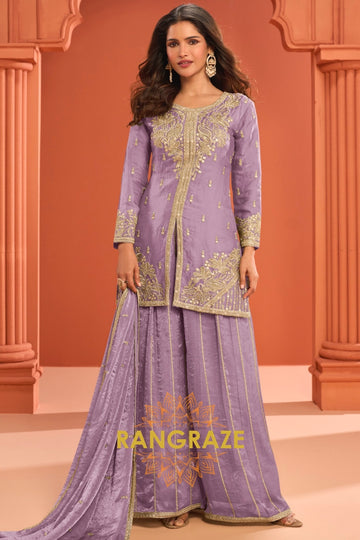 Lilac Silk Designer Embroidered Suit Set