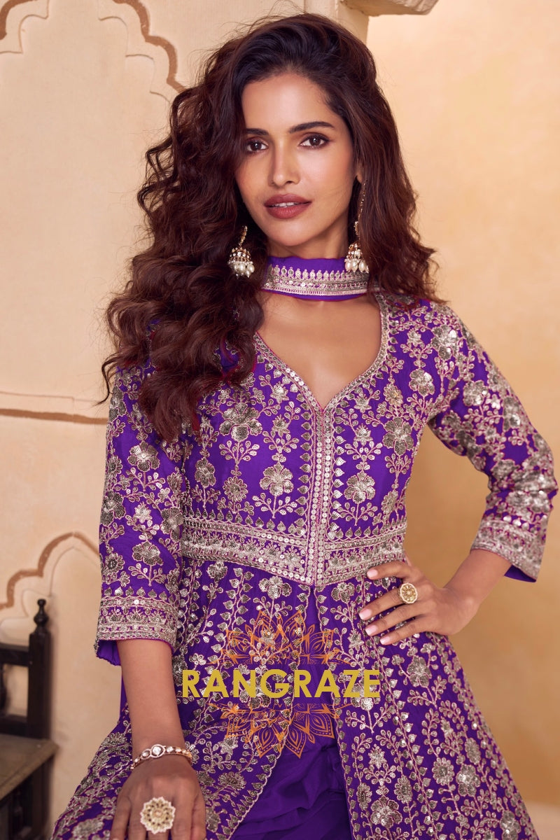 Royal Purple Premium Chinon Designer Anarkali Suit Set