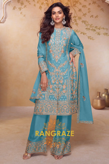 Aqua Blue Premium Chinon Designer Suit Set