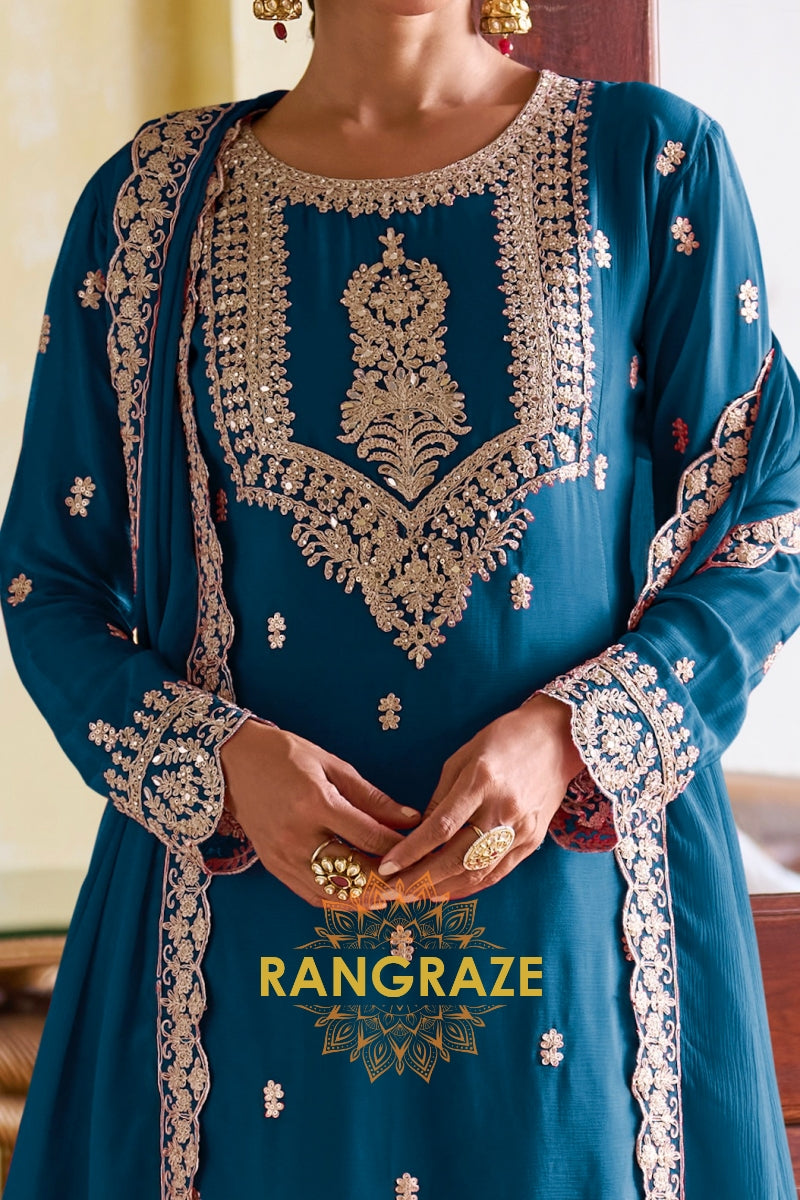 Royal Blue Designer Embroidered Pure Chinon Suit Set