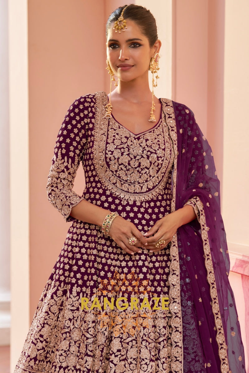 Plum Premium Georgette Designer Anarkali Lehenga Suit Set
