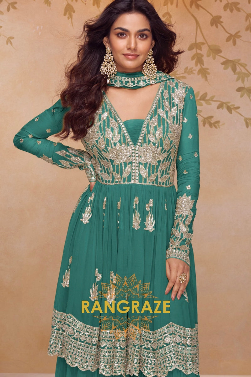 Emerald Green Premium Chinon Designer Anarkali Suit Set