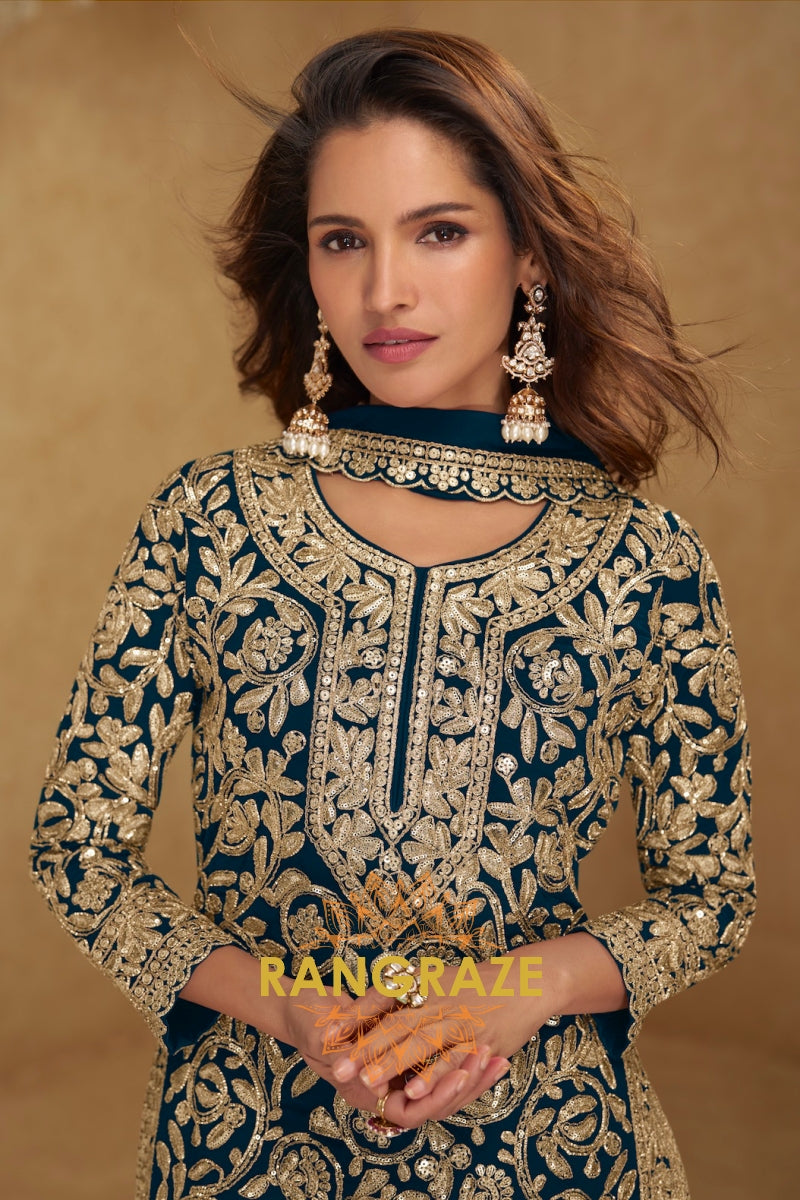 Teal Premium Georgette Designer Suit Set